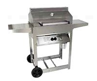 Stainless Steel Riveted Grill Head Mounted on an Open SS 4 Legged Cart with 2 Wheels, 2 SS Drop Down Shelves