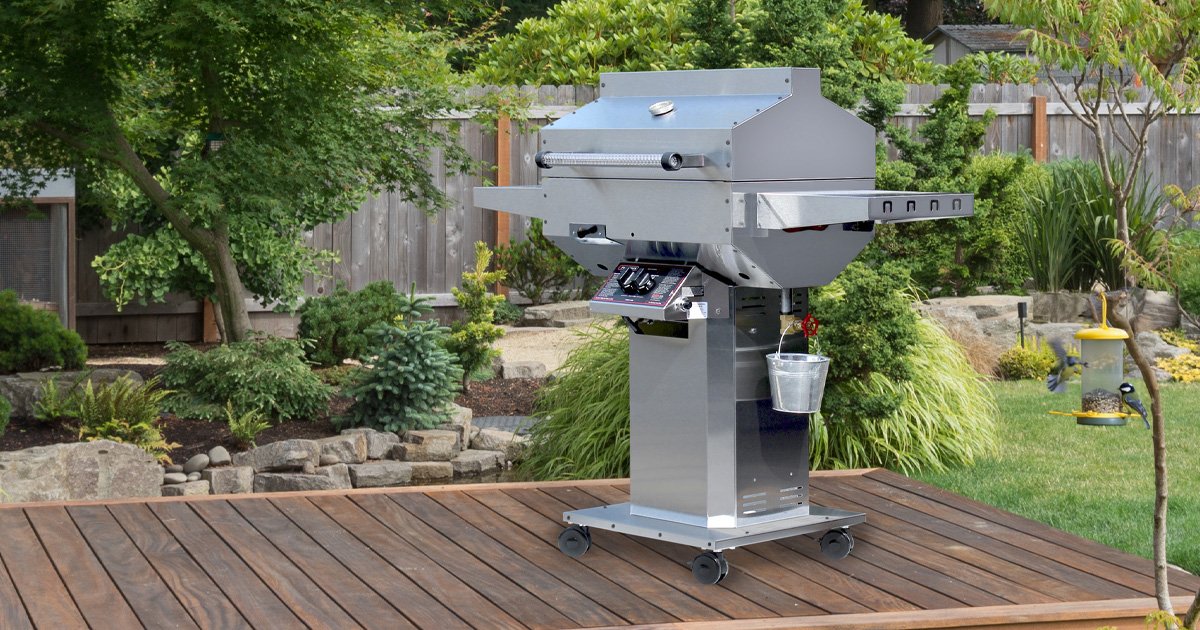 Stainless Steel Riveted Grill Head with Wood Chip Drawer Mounted on a SS 3 Piece Column and Base with 4 Wheels, 2 SS Drop Down Shelves
